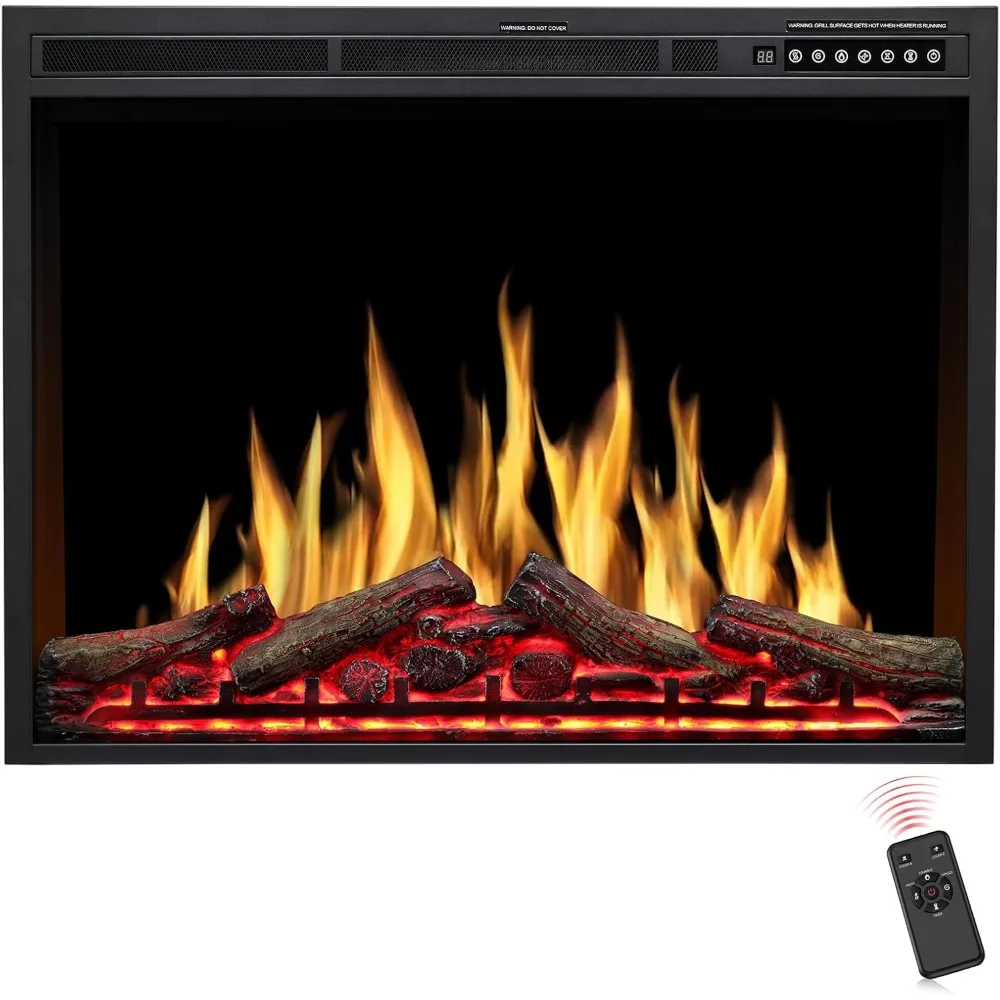 ZAFRO 34-Inch Electric Fireplace Insert: Touch Screen, Realistic Flame, Firewood Look, Heater with Remote Control, Auto On/Off F