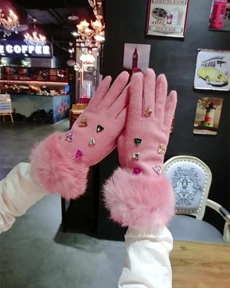 Rabbit Fur Mouth Love Color Rhinestone Cashmere Gloves Korean Version Rhinestone Color Thickened Warmth Finger Gloves Women