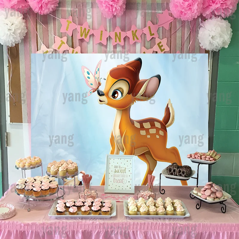 Disney Cute Deer Bambi of Fawn Butterfly Birthday Backdrops Banner Party Painting Cartoon Fawn Bambi Picture Background Decor