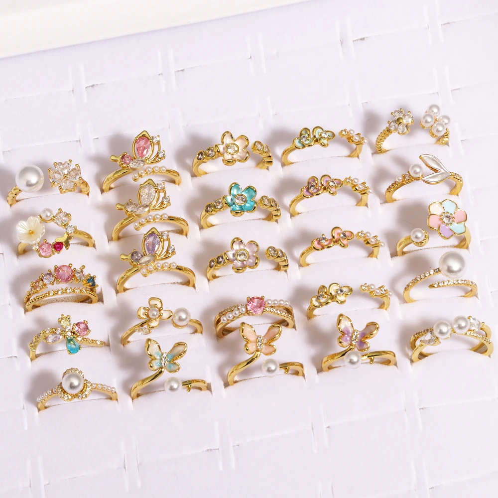 Bunte Zirkon Flamme Ringe Für Frauen 18K Gold Überzogene Blume Perle Einstellbare Ring Femme Hochzeit Party Mode Schmuck Geschenk femme