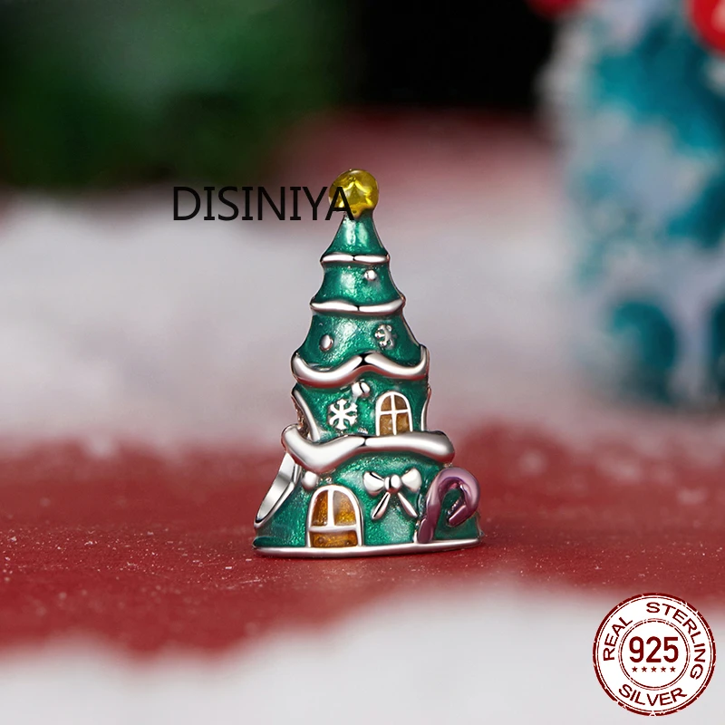 Disiniya 925 Sterling Silver Xmas Tree House Charm Bead Fit Original Bracelet DIY Bamoer Charm for Jewelry Making Christmas Gift