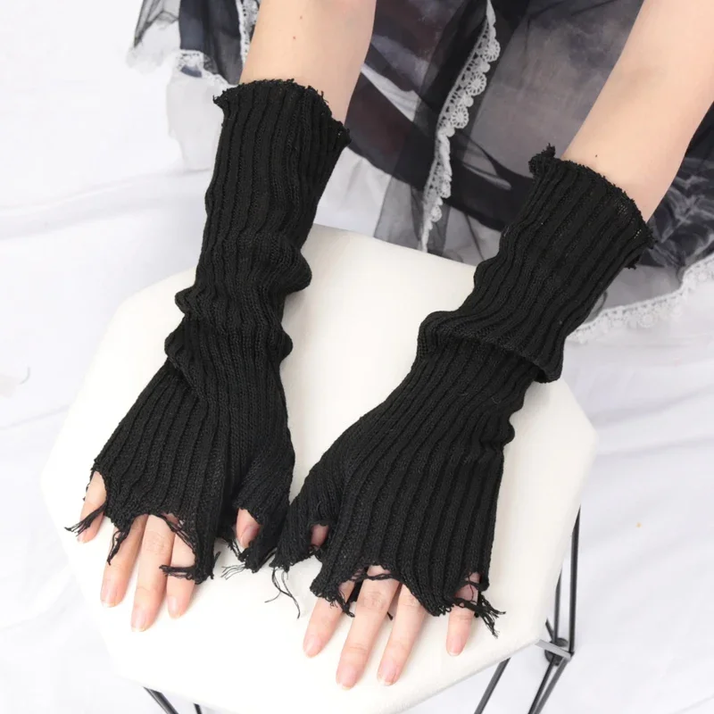 1 par de guantes Punk rotos Unisex, mangas rasgadas tejidas, manga cálida para el brazo, puño sin dedos, guantes, mitones de codo Rock