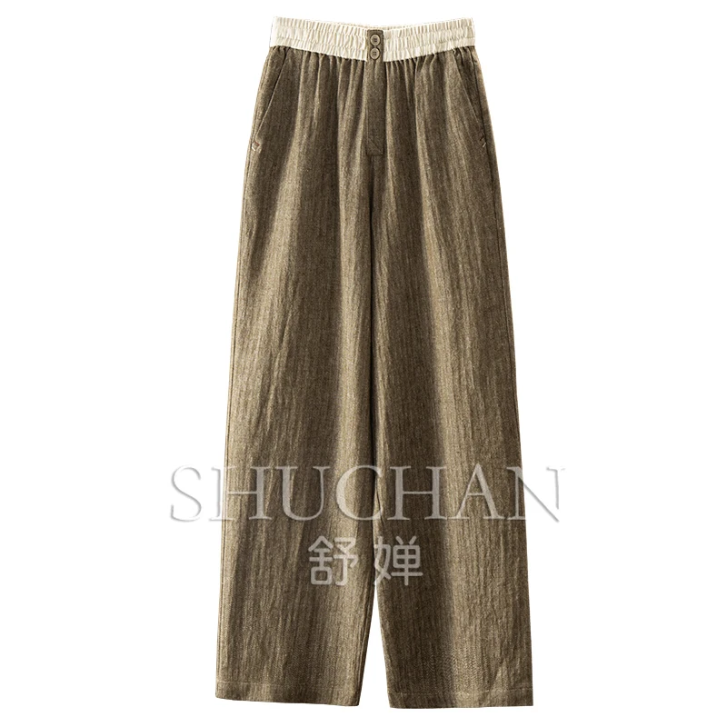 Spring and Summer Standard High-quality Linen + Cotton Herringbone Pattern Elastic Waist Straight Pants Women