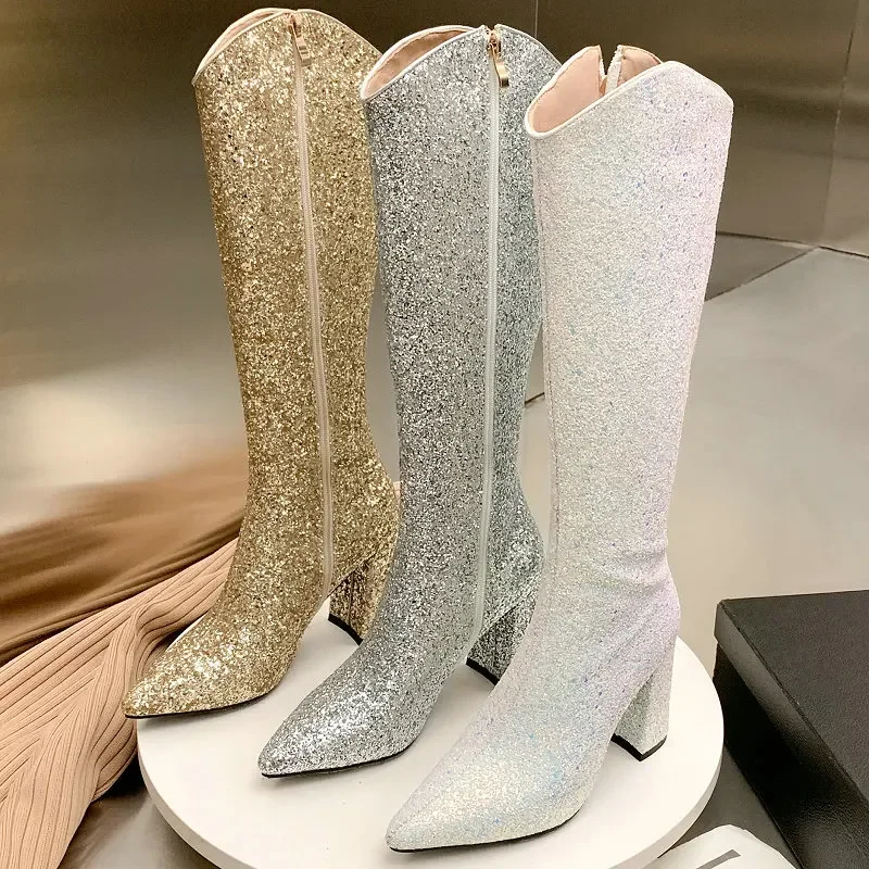

Glitter Bling Bling Party Wedding Bridal Shoes Gold Silver White Pointed Toe Zip Up Block High Heels Women Kneehigh Riding Boots