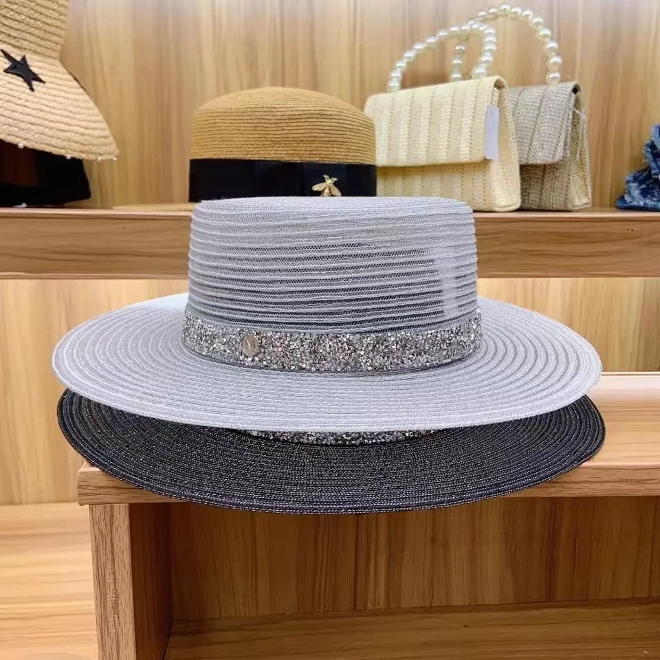 Classical Women Sun Hats foldable Breathable White Black Church Hat for Ladies Rhinestone Band Summer Hat Flat Boater Beach Hat