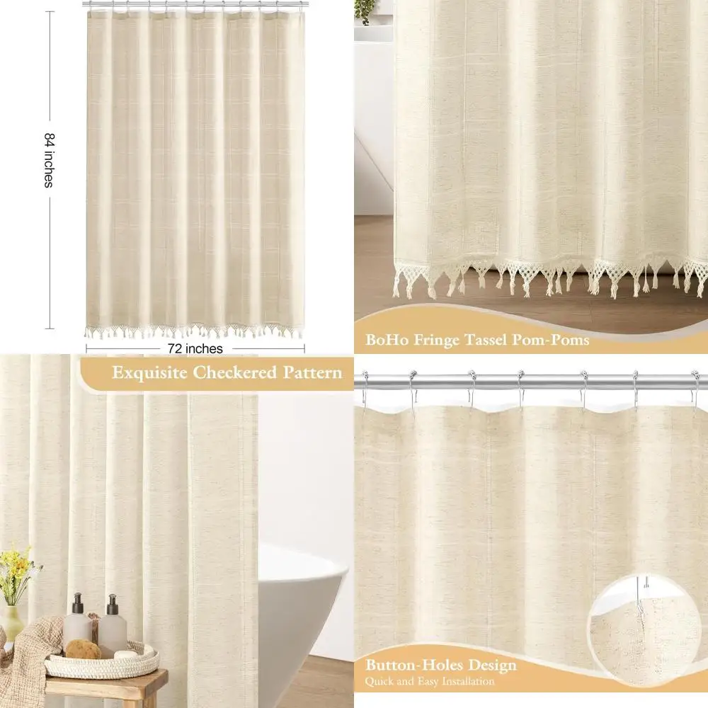 

Elegant Linen Boho Shower Curtain 72x84 with PEVA Liner, Tassels, Modern French Country Style - Beige