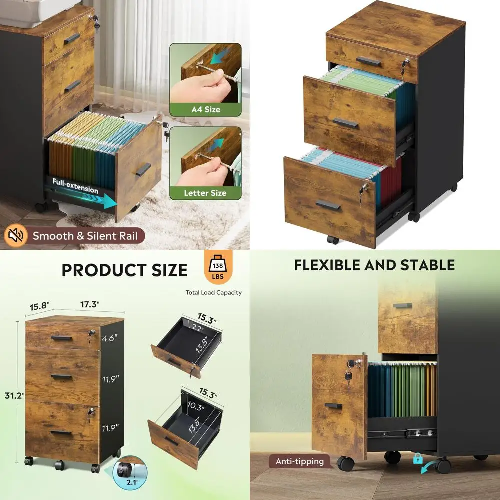 

Rustic Brown Wooden Locking File Cabinet for A4 Documents, Suitable for Home or Office