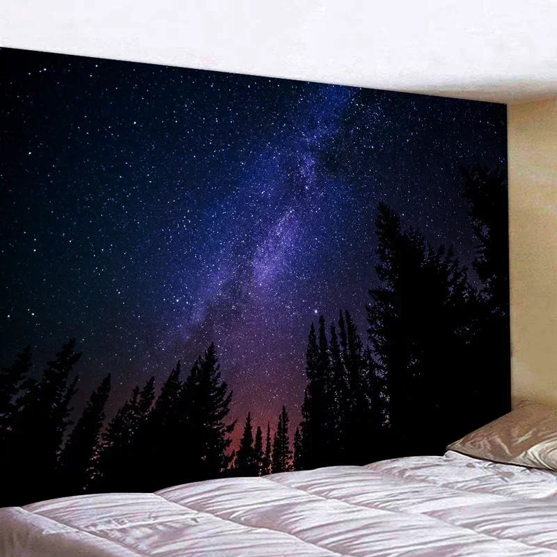 Forest Starry Sky Tapestry Moonlight Night Psychedelic Bohemian Decoration Wall Hanging Home Room Art Background Decoration