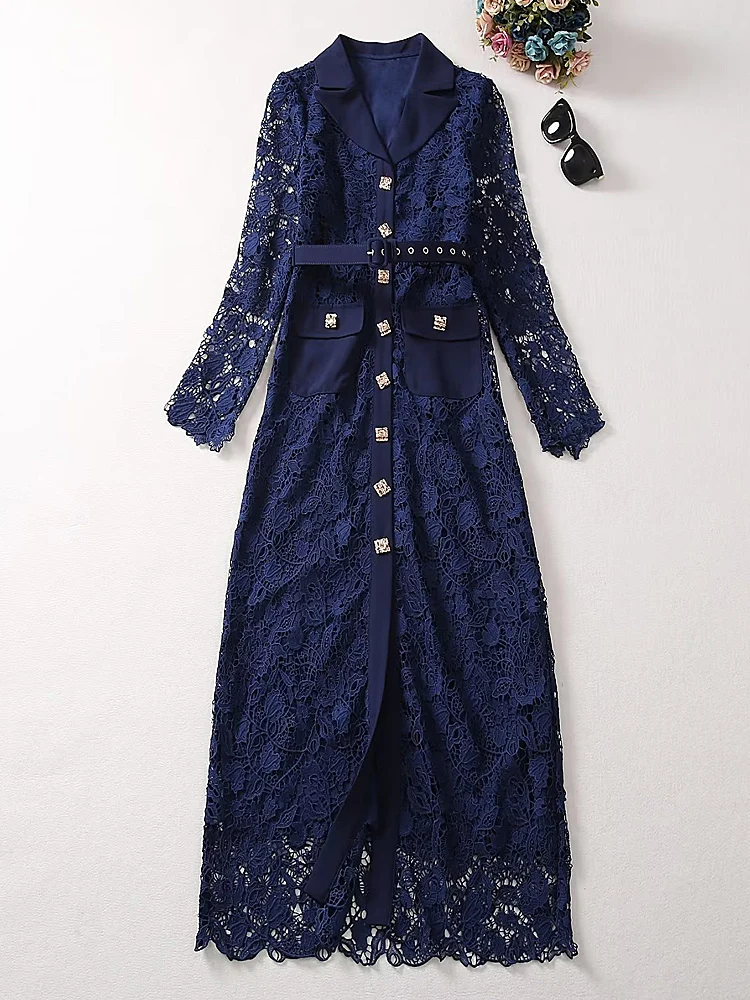 

New High Quality Fashion Autumn Chic Luxury Sexy Lace Hollow Out Button Elegant Vintage Party Navy Blue Long Dresses For Women