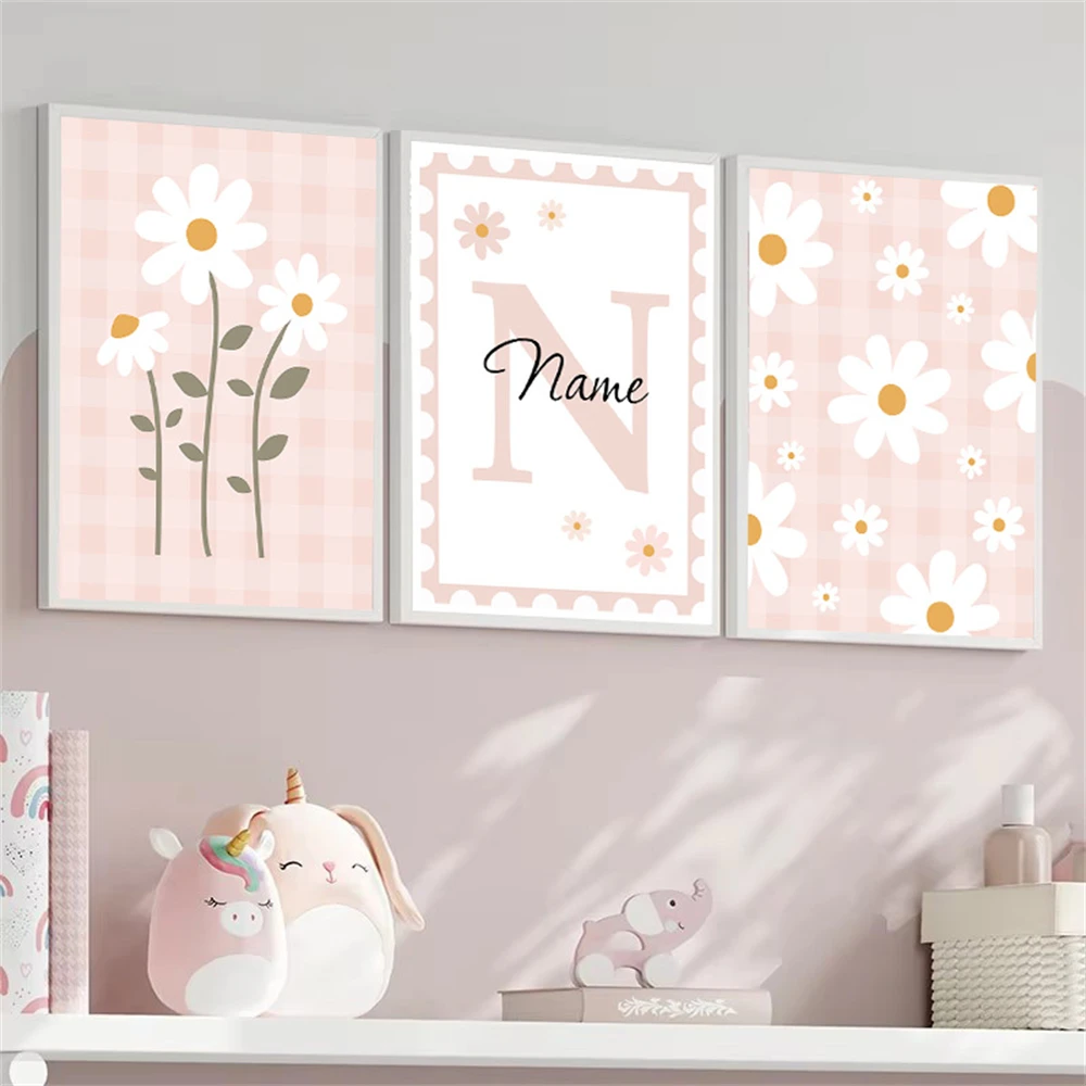 Cartoon Daisy Flower Canvas Poster Custom Name Print Painting Pink Wall Art Nursery Posters Nordic Wall Pictures Girl Room Decor