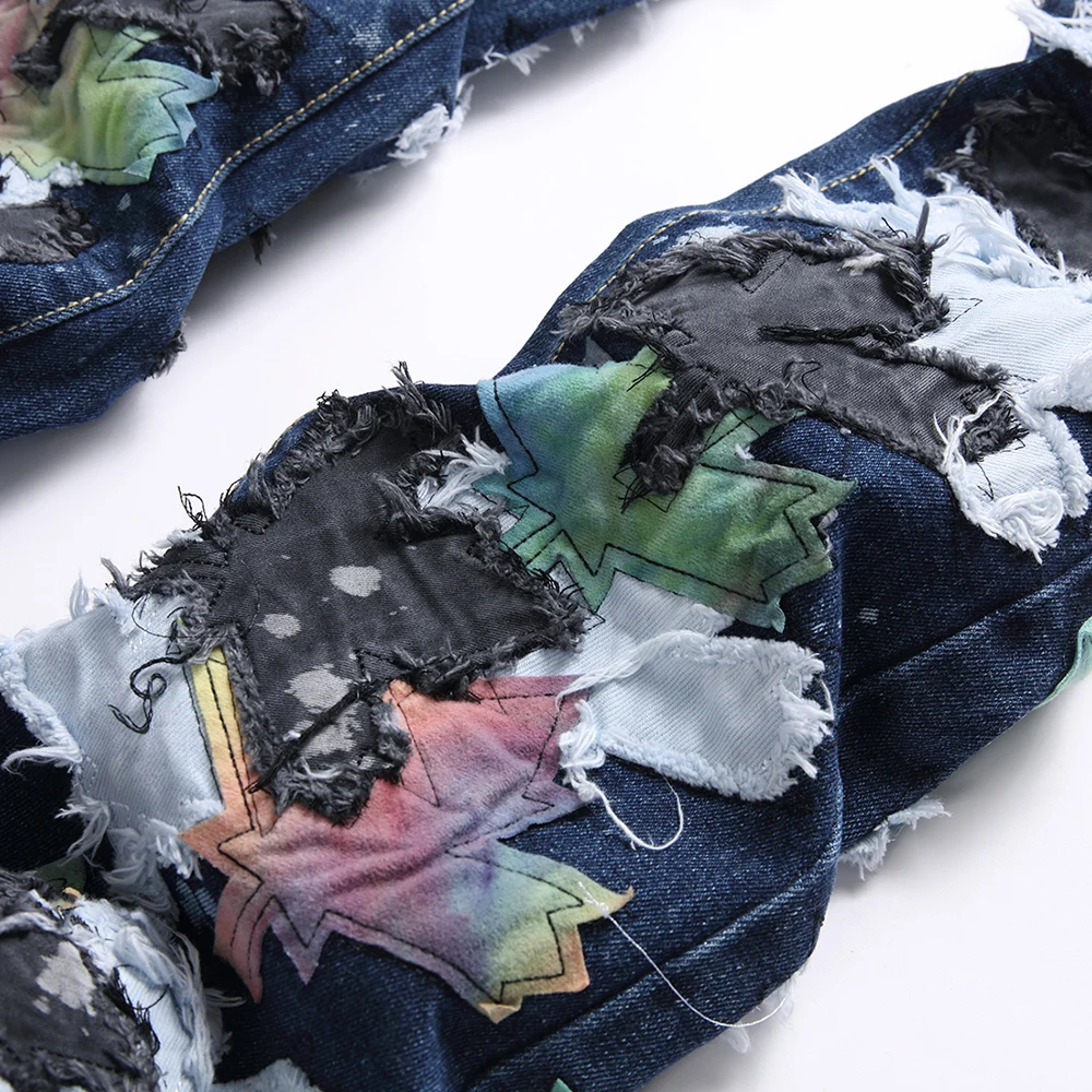 الرجال أوراق القيقب بقع الجينز الشارع الشهير سليم التمهيد قطع السراويل الشارع الشهير المرقعة الأزرق متوهج بنطلون