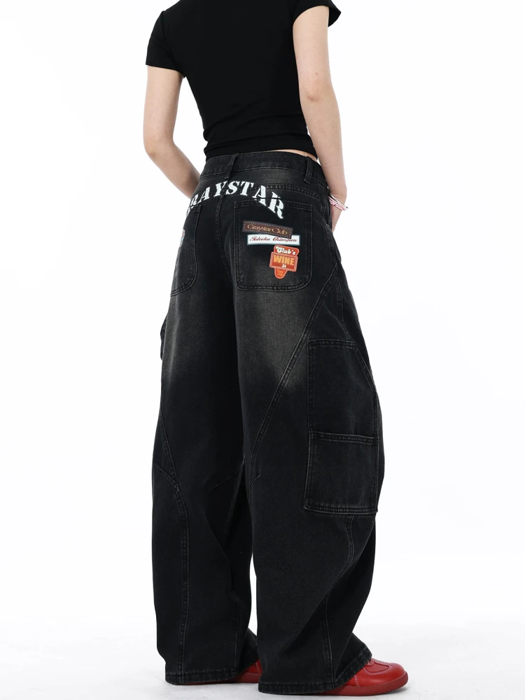 

Retro American Streetwear Distressed Print Black Knife Jeans Loose Straight Leg Trousers for Men And Women Casual Wear