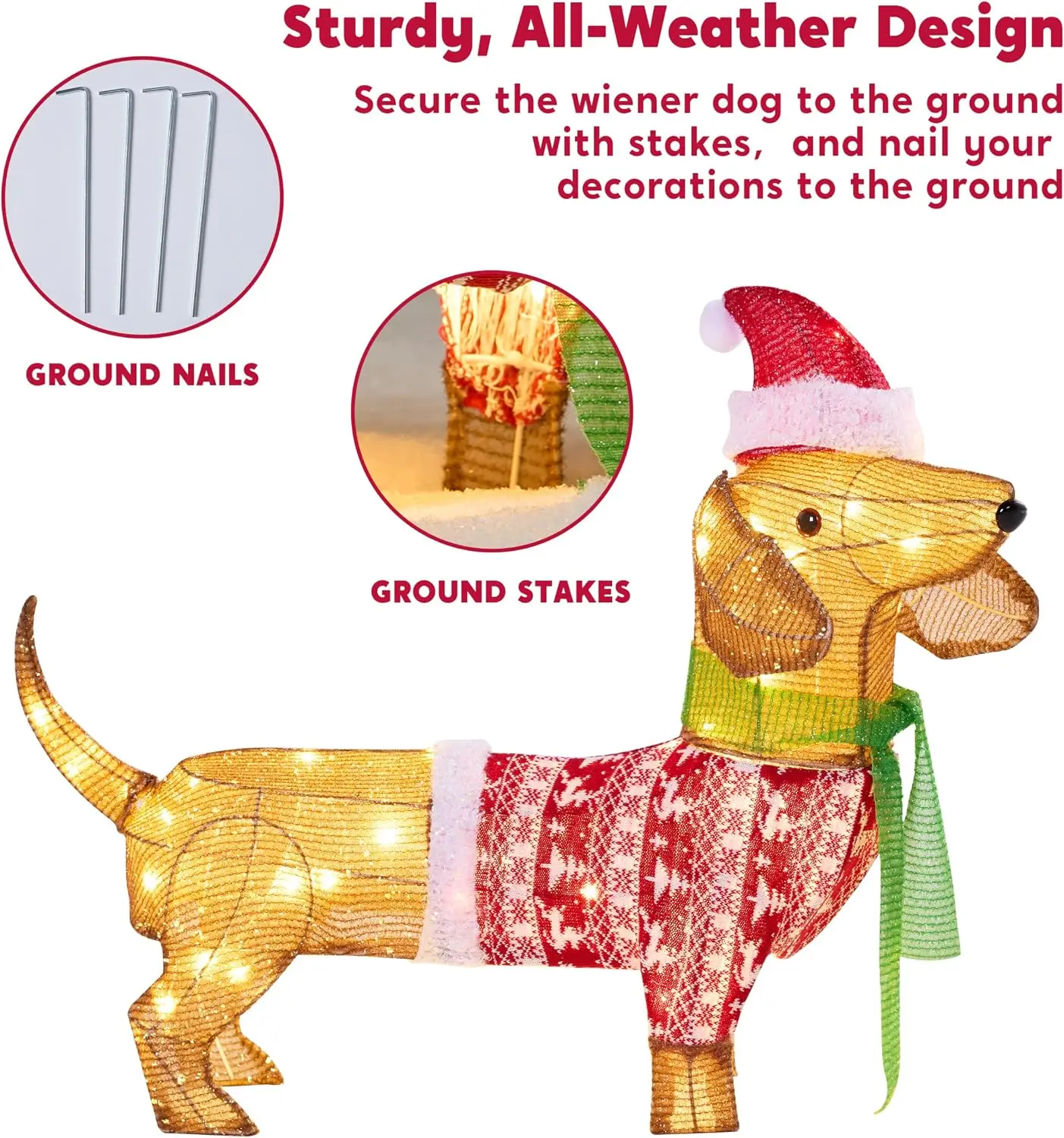 Lighted Wiener Dog Christmas Decorations Outdoor 40 LEDs Warm White Tinsel Dachshund Lights for Christmas Yard Decor Light Up Xmas Lawn Ornaments with Metal Stakes for Outside Porch Garden 3
