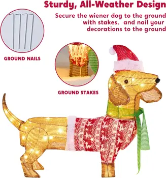 Lighted Wiener Dog Christmas Decorations Outdoor 40 LEDs Warm White Tinsel Dachshund Lights for Christmas Yard Decor Light Up Xmas Lawn Ornaments with Metal Stakes for Outside Porch Garden 3