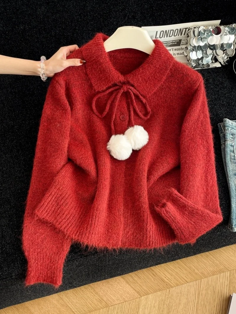 

Cisas Sle Red Knitted Sweater Women's Autumn Winter Outerwear Lazy High-End Feeling New Year's Eve Knot Top