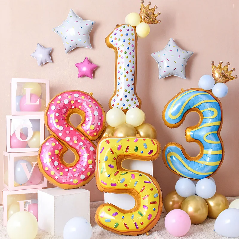 Candy Donut Digital Balloon for Baby Birthday, Ice Cream, Big Number Decoration, Aluminum Film Crown Ballons, 32