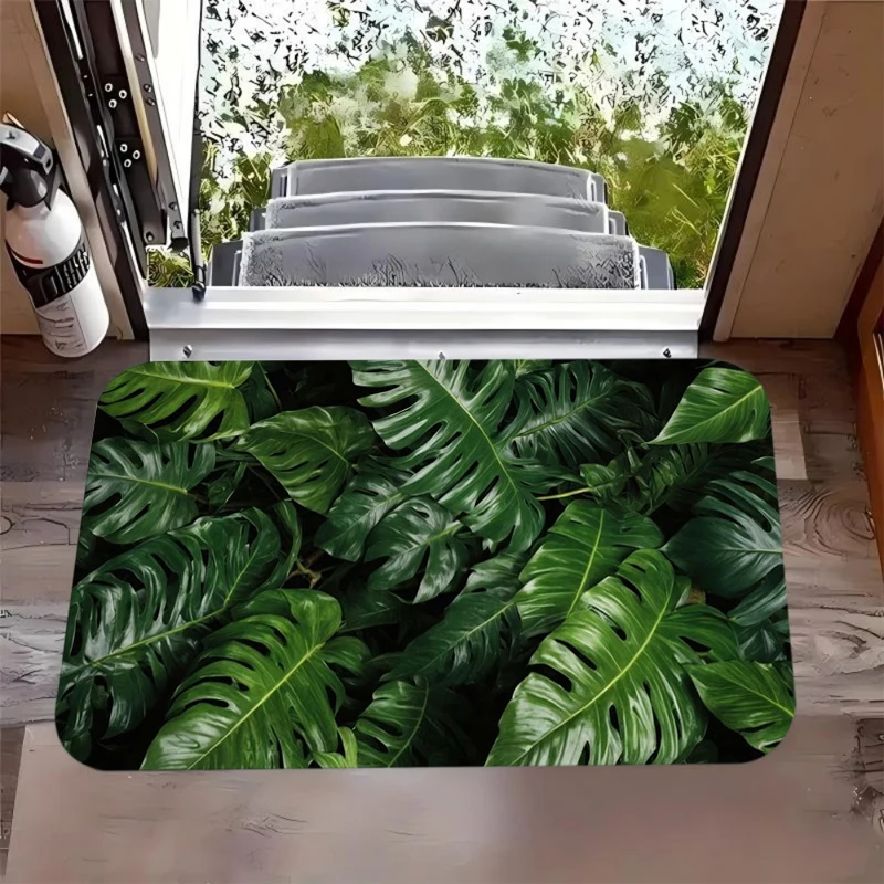 2D Green Leaf Welcome Mat Tropical Monstera Leaf Doormat Suitable Kitchen Living Room Indoor Outdoor Entrance Home Decoration