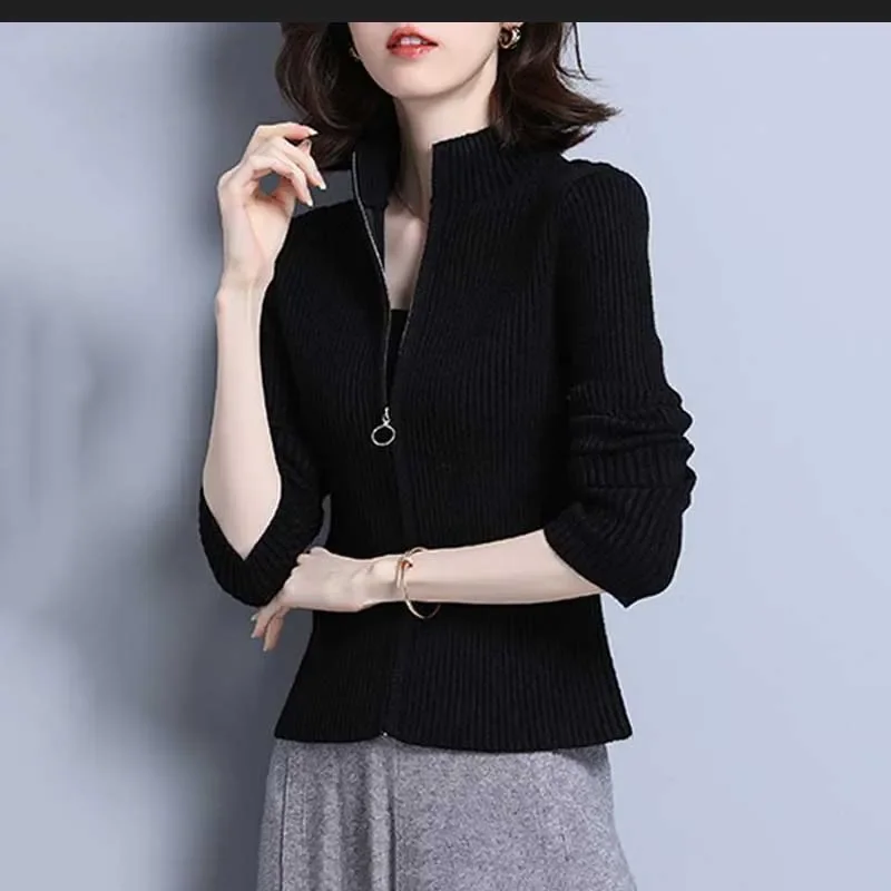 Sweaters Women's Slim fit Knit 2024 Autumn Knitted Woollen Zipper Splicing Stand Collar Cardigan Jumper Jerseys Sweater Woman