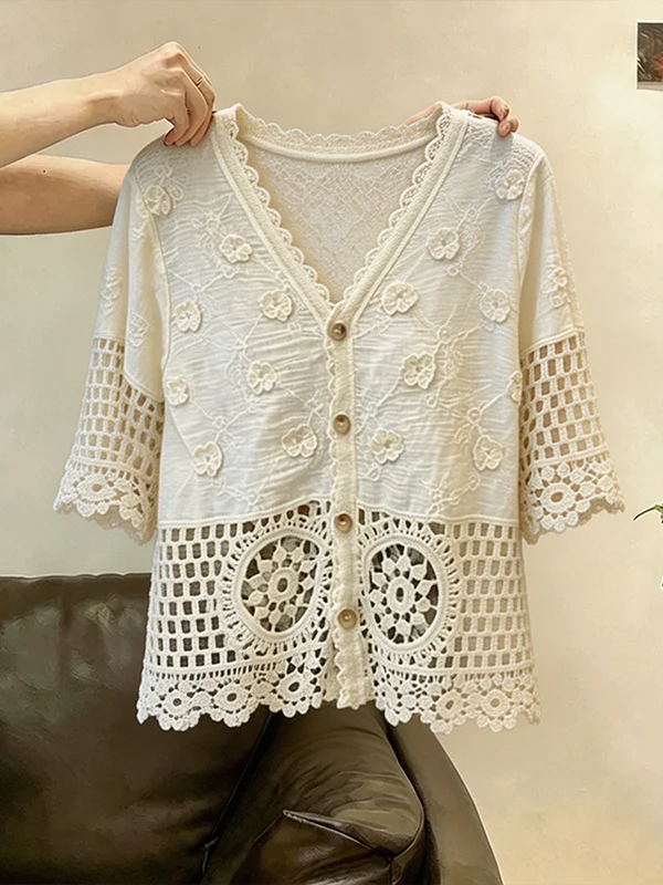 

Large Size Retro Hook Flower Hollow out Women's Shirt Summer New Design Loose Versatile Top Breathable Comfortable Korean Style
