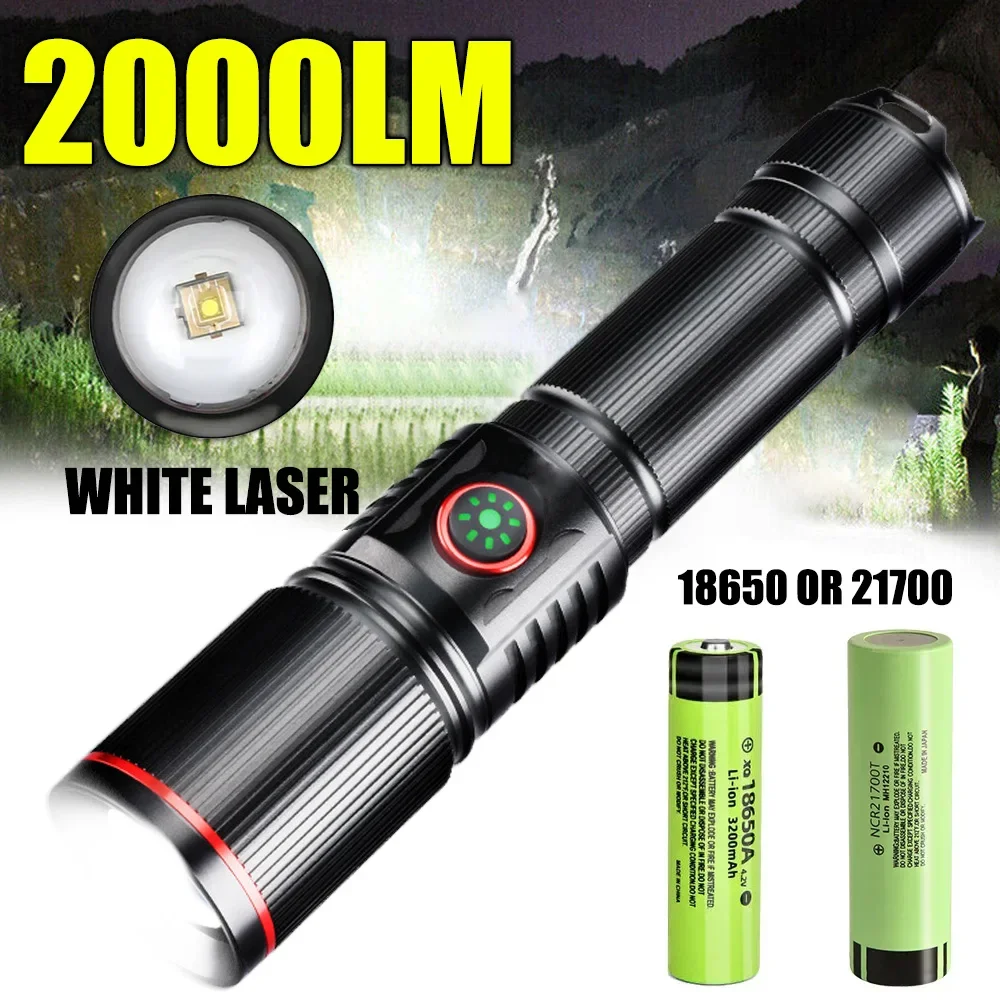 Senter LED Super terang 2000LM, senter taktis kuat USB dapat diisi ulang, lentera memancing berkemah, baterai 18650 atau 21700