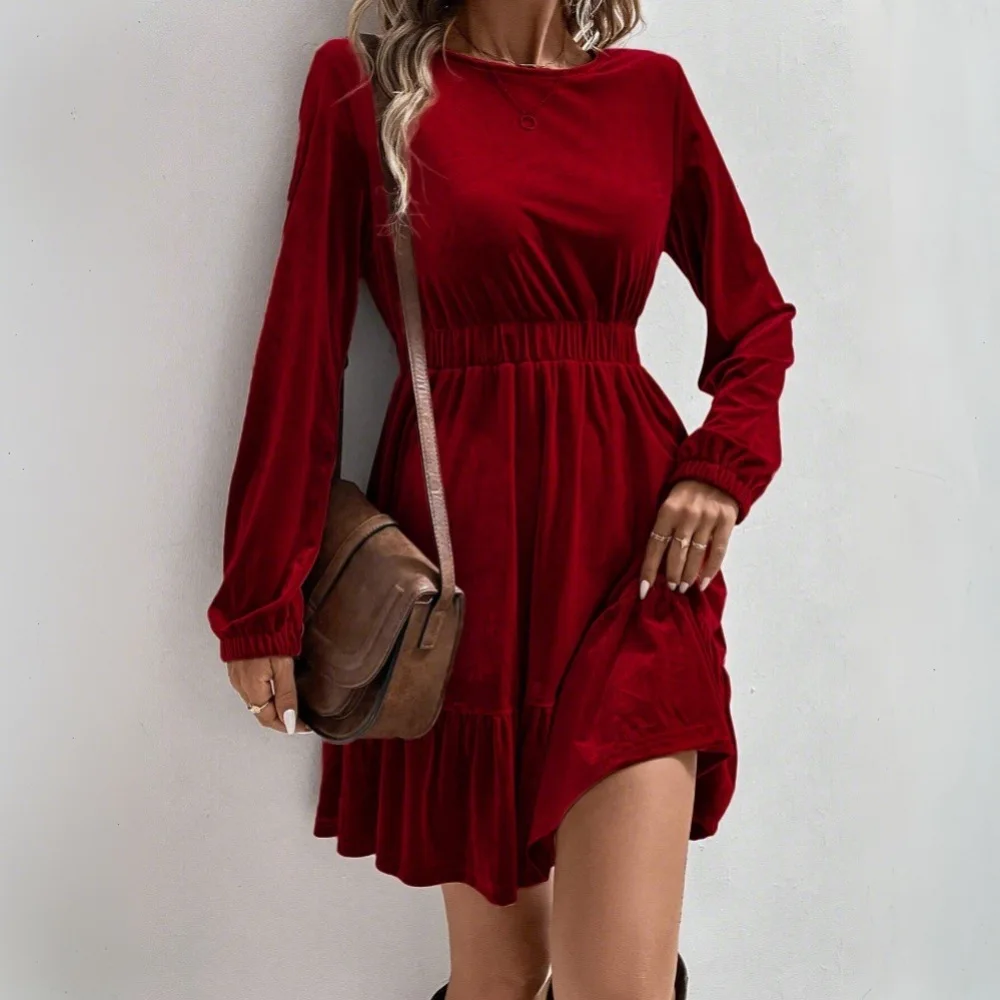 European American Style Velvet Mini Dress Long Sleeve Elastic Waist Midi Dress New