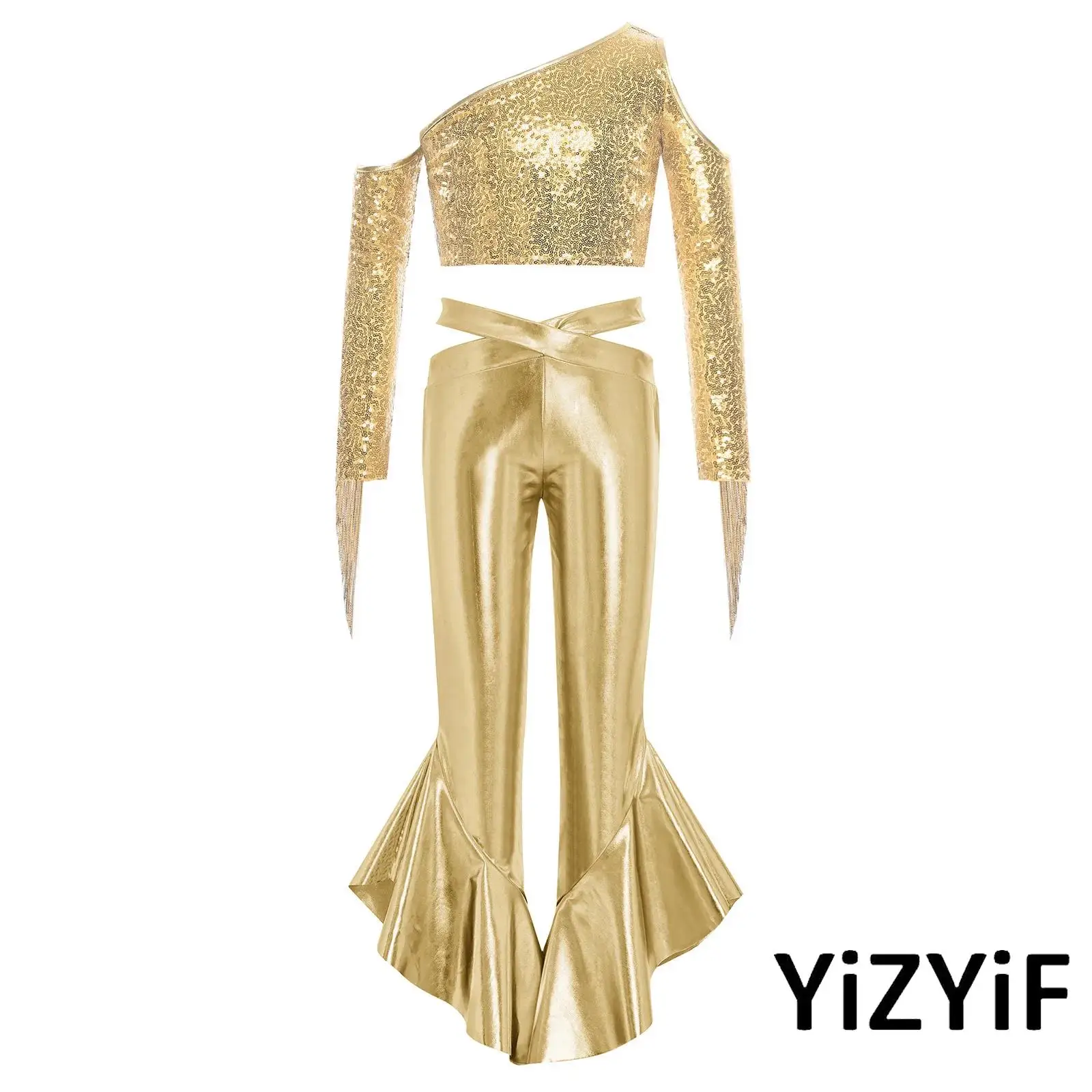 

Kids Girls Jazz Hip Hop Dance Costume One Shoulder Sequin Tassel Crop Top with Pants for School Girls Cheerleading Clothing