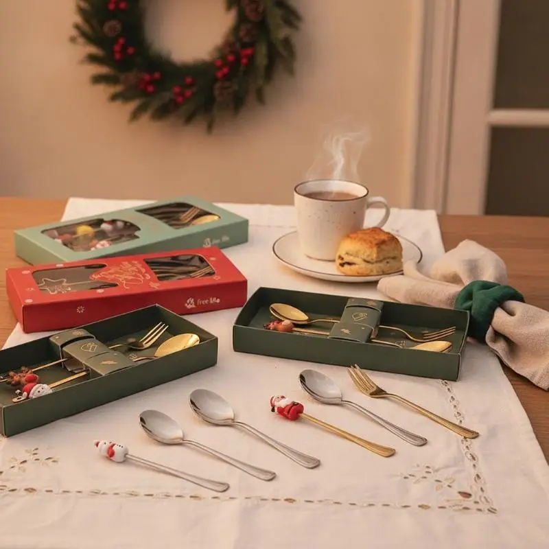 Stainless Steel Christmas Cutlery 4Pcs Set Spoon Fork Cartoon Handle Gift Box for Kids Daily Use Holiday Dinner