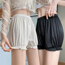 Women Lace Short Panties Imitation Silk Ruffle Bloomers Anti Exposure Safety Pants Lolita Satin Knickers Shorts Dress Pettipant