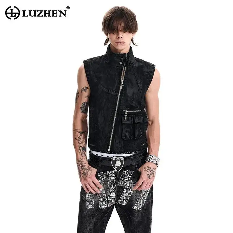 LUZHEN 2026 Summer Original Slant Zipper Placket Stand Neck Sleeveless Vest Coat Men's Handsome Street Tank Tops Jacket JY8106