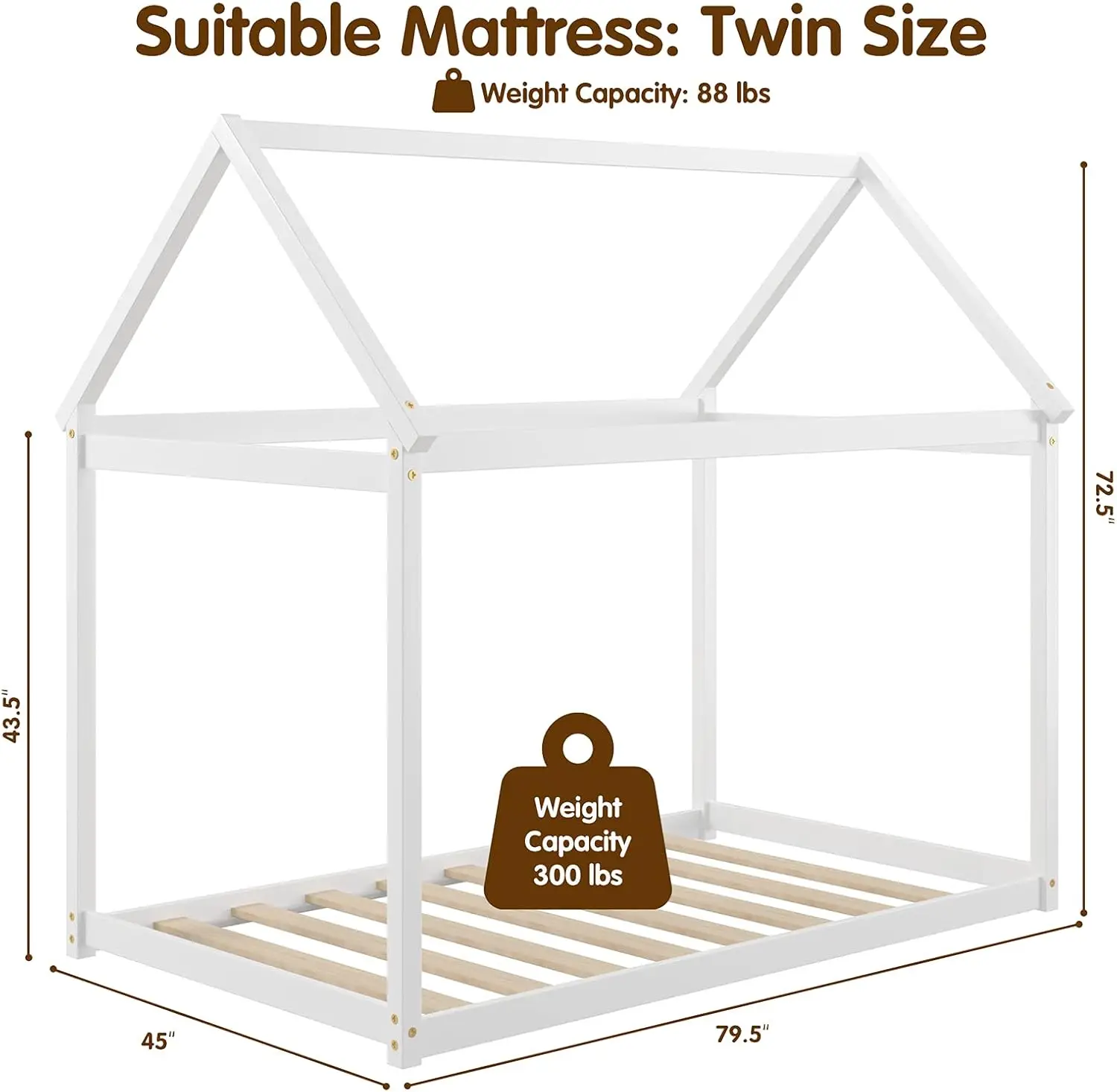 Twin House Bed Frame, Stable Wood Platform Floor Bed w/Roof & Heavy-Duty Slats No Box Spring Needed, Freely DIY, Ki