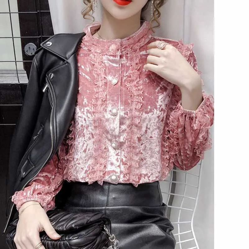 Elegant Stand Collar Button Spliced Lace Ruffles Blouses Women\'s Clothing 2023 Winter Loose Korean Tops Butterfly Sleeve Shirts