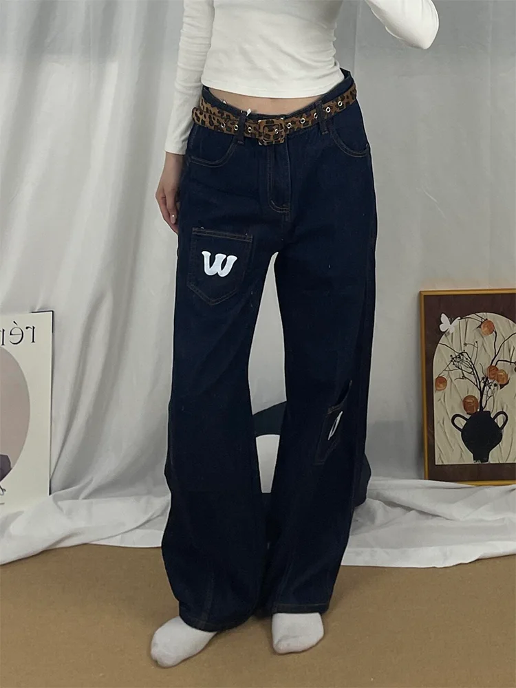 

Женские широкие джинсы с высокой талией в американском ретро-стиле, с принтом, множеством карманов, свободного кроя, длиной в пол