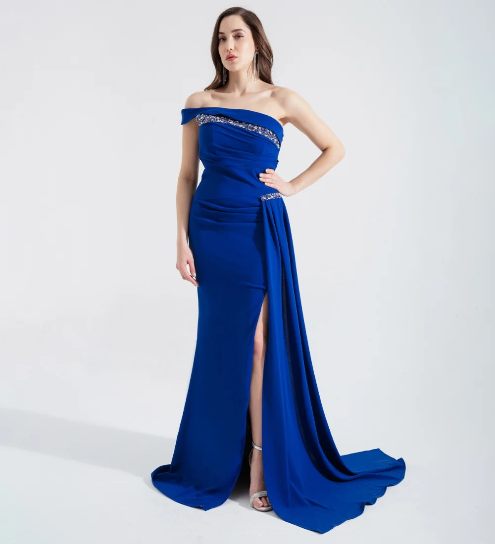 

Customized Matching Jersey Sequined Pleat Trumpet One-shoulder Long Dresses Prom Dresses High Quality Simple Exquisite Formal Se