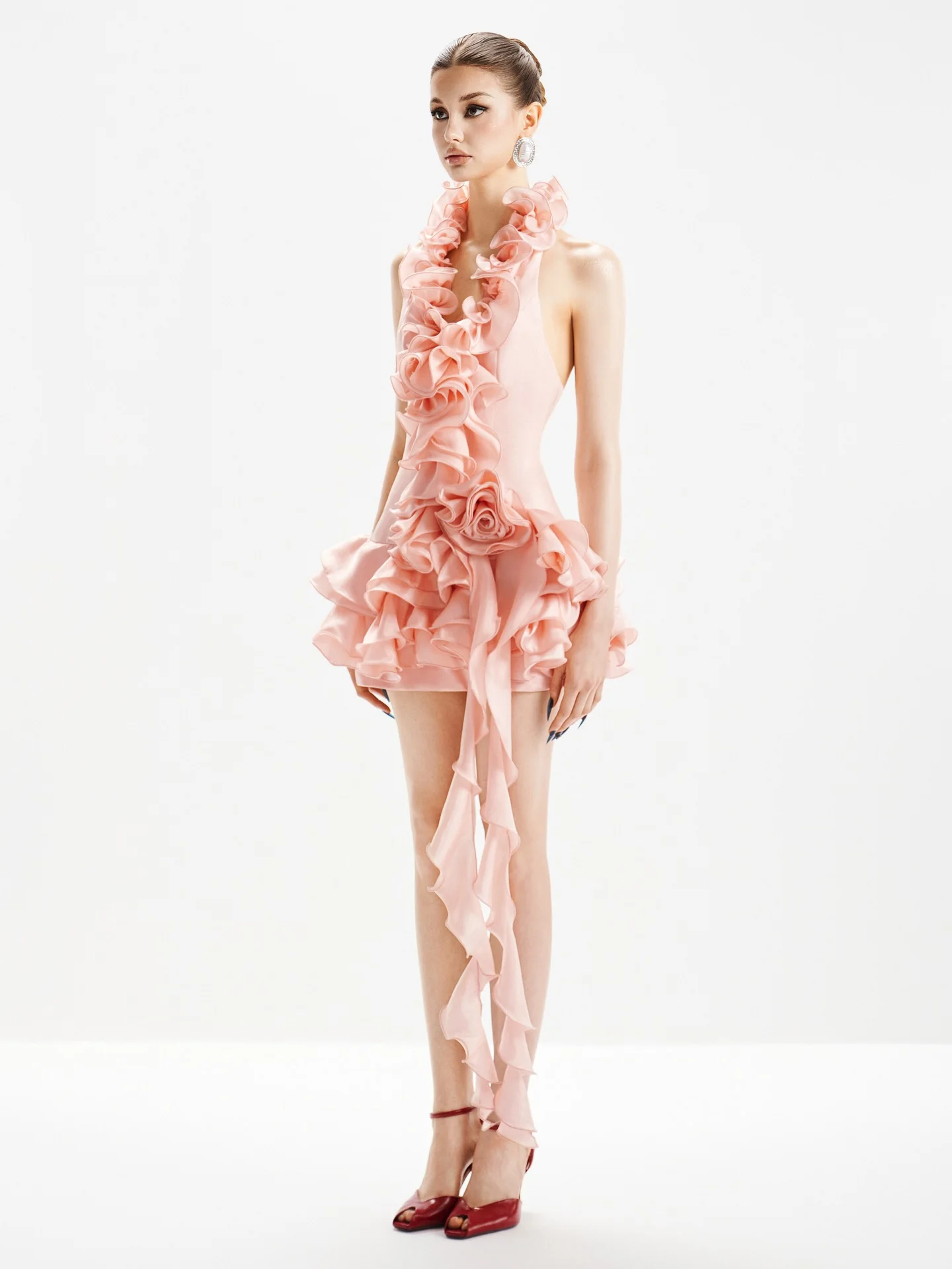 Pretty Pink Ruffle Mini Dress Halter Backless Unique Blush Short Wedding Party Dresses فساتين سهرة Mini Prom Gowns