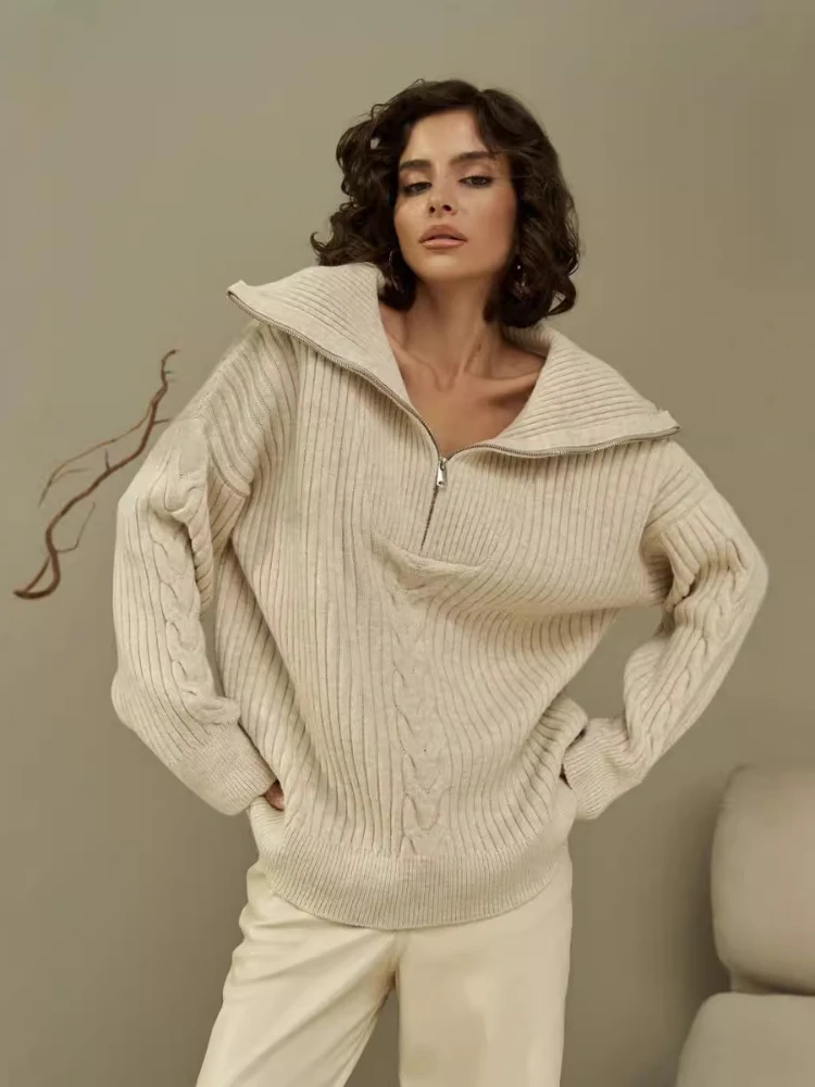 Maglioni lavorati a maglia da donna pullover impiombati con cerniera maglioni Casual a maniche lunghe larghi elegante capispalla spessa da donna autunno inverno