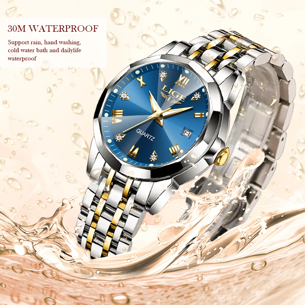 LIGE New Fashion Date Couple Watches 30M Waterproof Luminous Valentine's Day Gift Stainless Steel Watch Men Women Quartz Watch