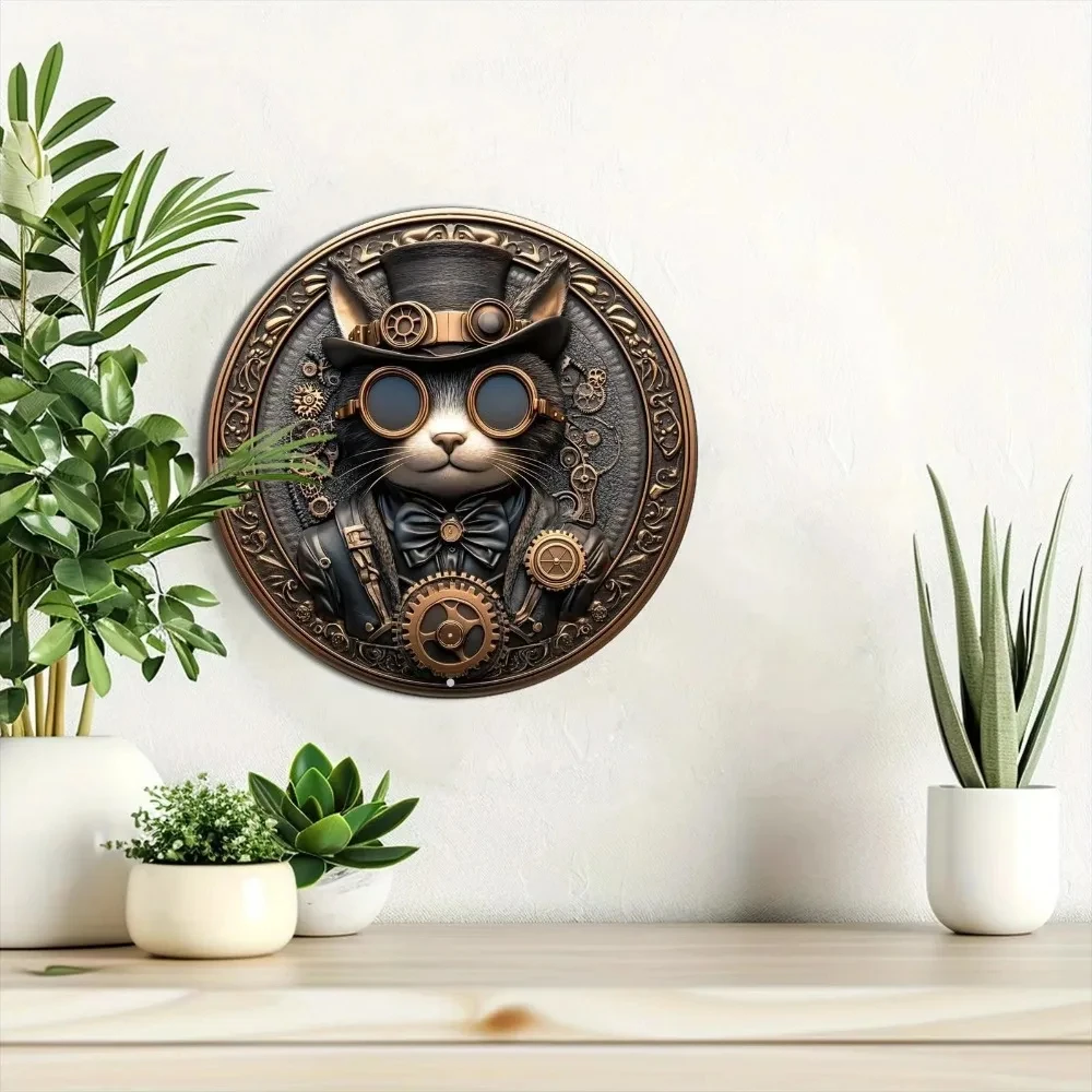 2D Flat High-Definition Metal Wall Art Vintage Steampunk Cat Metal Sign Featuring a Gentleman Cat Wearing a Top Hat and Goggles