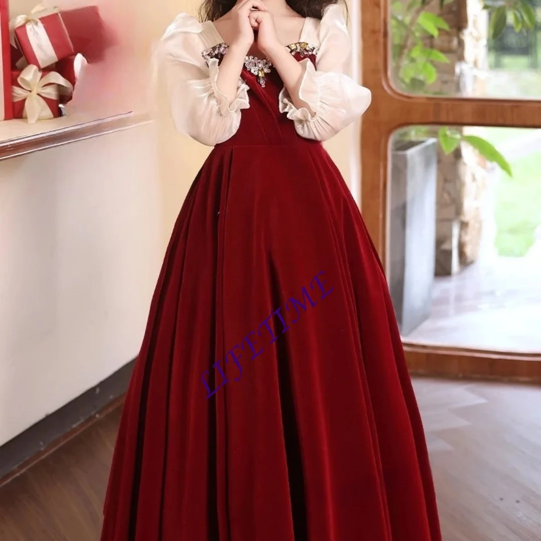 Customized Red Christmas Host Princess Dress Girls Pageant Gown for Piano Recital Performance Birthday Party Formal Evening