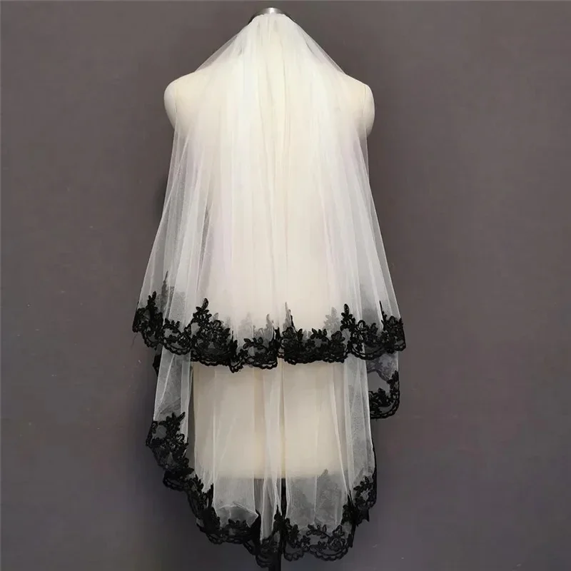 

Black Lace White/Ivory Tulle 2 Layers Short Wedding Veil Bridal Veil with Comb Wedding Accessories Lace Applique