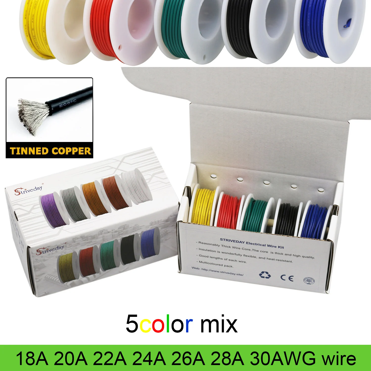 

Multicolor 18-30AWG Silicone Wire Set, Tinned Copper Stranded Cables, Soft Flexible DIY Electronic Wires, 6 Mixed Colors for