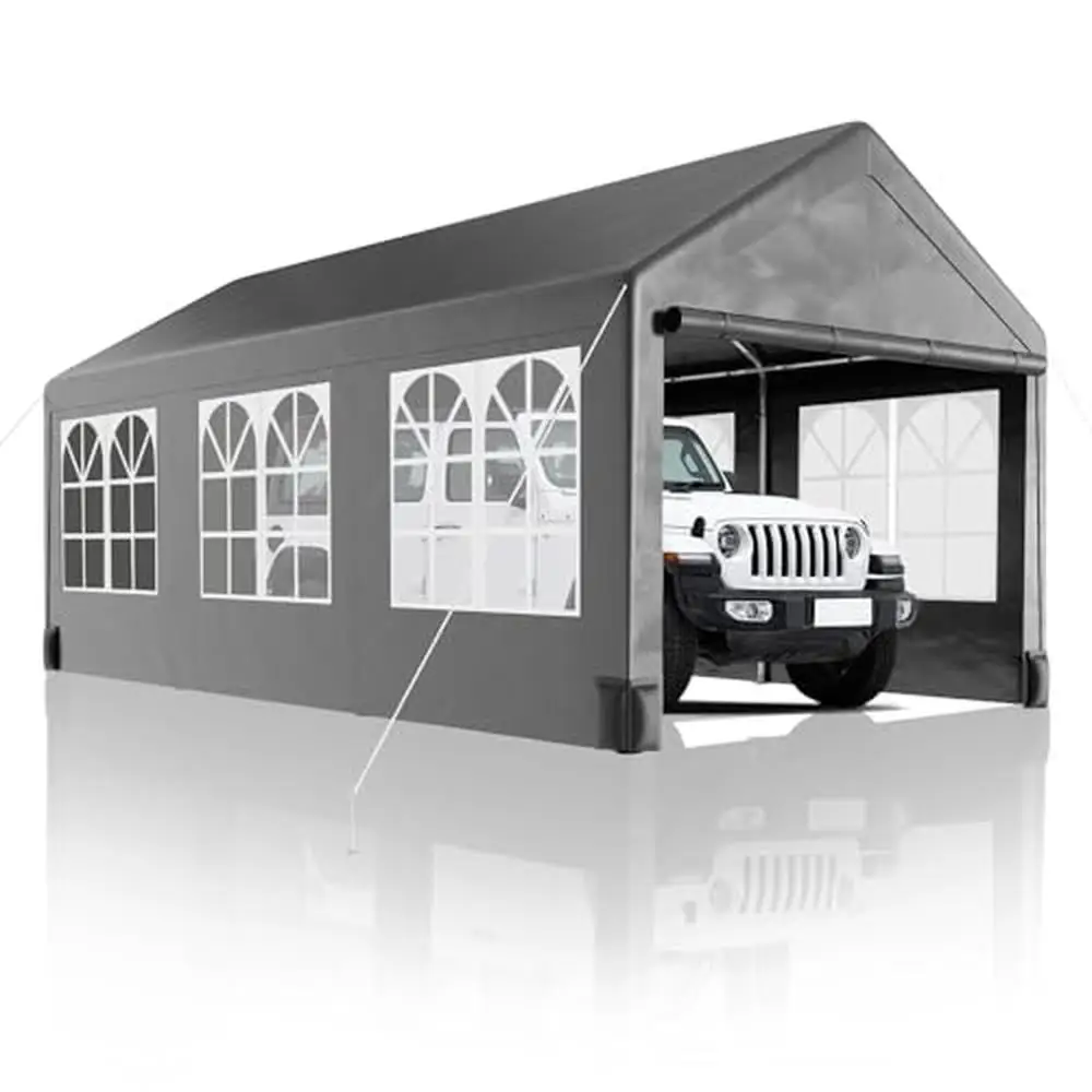 12'x20' Heavy Duty Portable Carport Garage with 4 Load-Bearing Sandbags Roll Up Mesh Window Pe Waterproof Sturdy Windproof