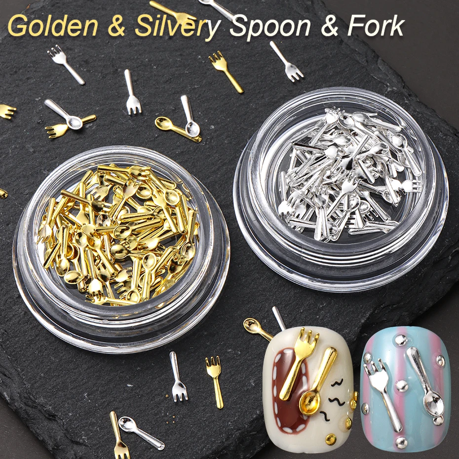 Silvery Golden Metal Spoon Fork Nail Charms Ornament Nail Art Decorations Mini Tableware Series Nail Accessories Parts Manicure