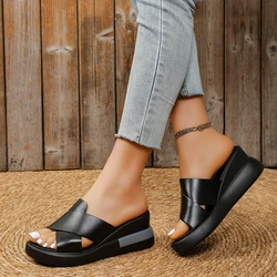 2024 Leather Women Slippers Casual Daily Home Flats Summer Shoes For Women'S Platform 2024 New Lady Footwear Size 34-39