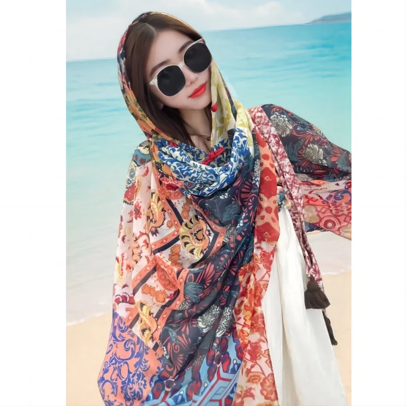 

Summer Shawl Vintage Buckle Sunscreen Cloak Cotton and Linen Texturable Outer Cover Travel Beach Towel Multi-functional