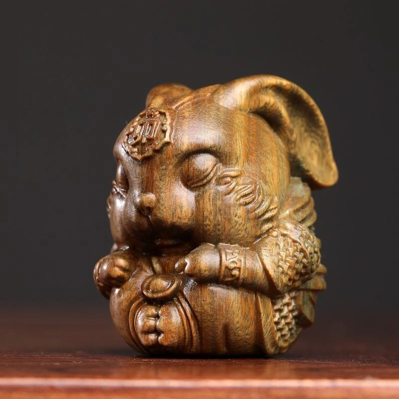 

Hand Carved Wood zen rabbit Statue Figurine Desktop Ornaments Home Decoration Crafts Tea Pet Decor