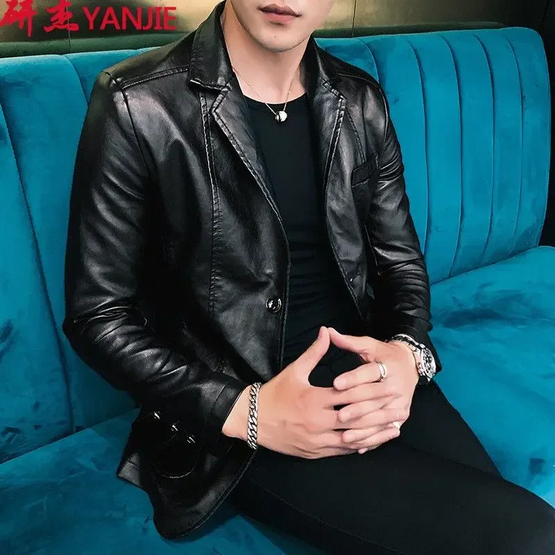 معاطف واحدة الصدر على الطراز الكوري بدلات وبليزرات للرجال موضة 2025 نماذج كلاسيكية وسيم سترة جلدية للرجال