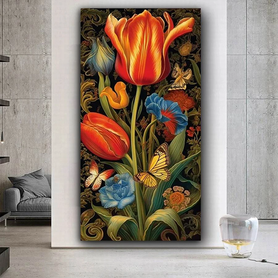 New Arrival Diamond Painting Big Size Red Tulip Diy Full Mosaic Embroidery Butterfly Flower Rhinestone Picture Wall Decor