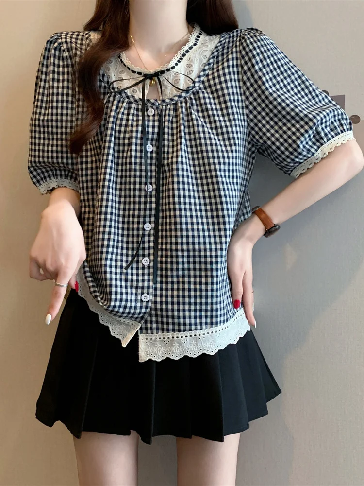 

plus Size Women's Retro round Neck Plaid Short Sleeve Shirt Summer New Design Lace Trim Belted Top Korean Style Loose Fit