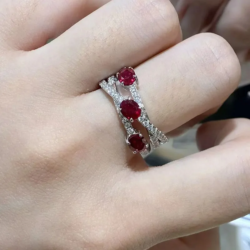 WSHUO البيضاوي قطع روبي عالية الكربون مع مويسانيتي الأحجار الكريمة خاتم الخطوبة للنساء 925 فضة الزفاف غرامة مجوهرات هدية #6