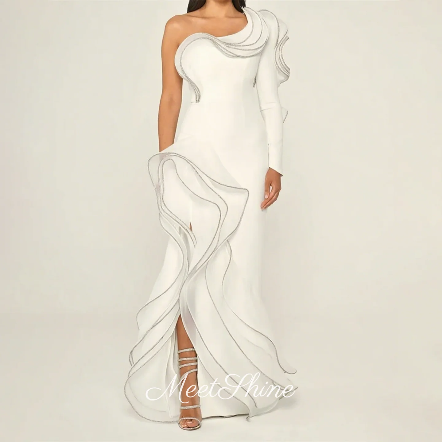 

Modern One Shoulder Sweep Train Pleat Mermaid Evening Dress High Quality Side Slit Satin Formal Wedding Prom Dress Customized